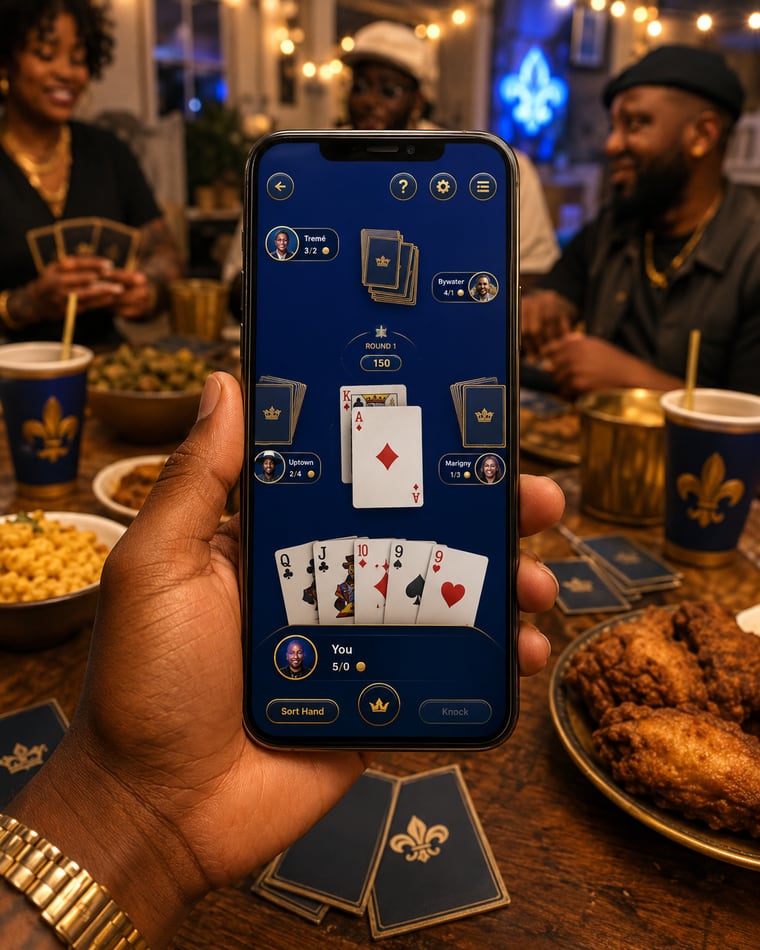 Pitty Patt gameplay on a phone at a New Orleans card table